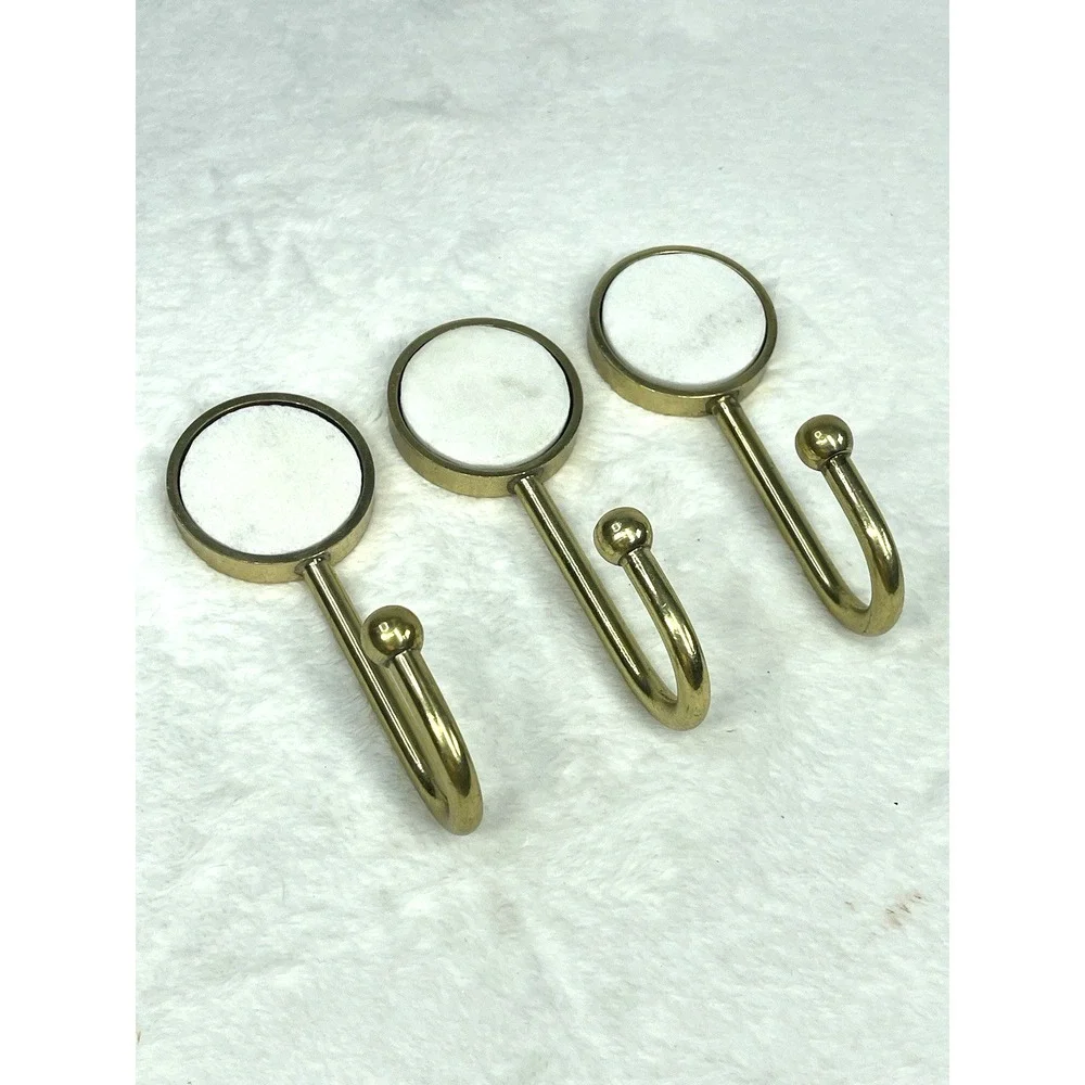 Gold Tone Wall Hooks Set 3 White Stone Inset Mid Century Modern Style